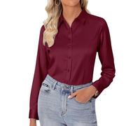 siliteelon Damen Bluse Langarm Bügelfrei Damenbluse Button-Down Shirts Burgunderrot Regular Fit Baumwolle Tops Bluse,S