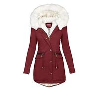 SilkTem Winterjacke Damen Schwarz Mit Fell | Weiß Teddyfell Gefütterte Winterparka Tunika Fleecejacke Elegant Schmale Outdoor-Plüschjacke Lässig Dicker Steppmantel mit Pelzkragen(Wein,S)