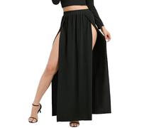 SILUI Damen-Maxirock, hohe Taille, doppelter Schlitz, sexy, Übergröße, Oberschenkel, geteilt, fließend, lang, Schwarz, XX-Large Mehr