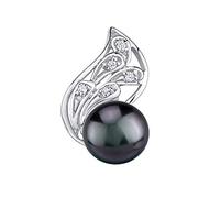 SILVEGO Damen Anhänger aus 925 Sterling Silber mit echter schwarzer Perle in Farbe Tahiti auf Blattmotiv