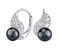 SILVEGO Damen Ohrringe aus 925 Sterling Silber mit echter schwarzer Perle in Farbe Tahiti auf Blattmotiv