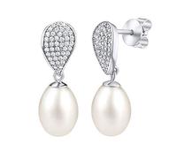 SILVEGO Damen Ohrringe aus 925 Sterling Silber mit echter weißer Perle und Zirkonia Ohrstecker 8 x 26 mm