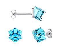 SILVEGO Damen Ohrringe aus 925 Sterling Silber mit Swarovski Crystals Aquamarine Würfel Ohrstecker 6 mm