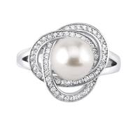 SILVEGO Damen Ring aus 925 Sterling Silber mit weißer natürlicher Perle und Zirkonia