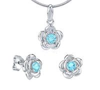 SILVEGO Damen Schmuck-Set aus 925 Sterling Silber Blume mit hellblauem Zirkonia Ohrstecker Anhänger Kette 45-55 cm
