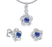SILVEGO Damen Schmuck-Set aus 925 Sterling Silber Blume mit synthetischem Saphir Ohrstecker Anhänger Halskette 45-55 cm