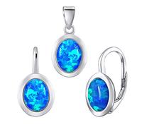 SILVEGO Damen Schmuck-Set aus 925 Sterling Silber Oval mit synthetischem blauem Opal Ohrringe und Anhänger