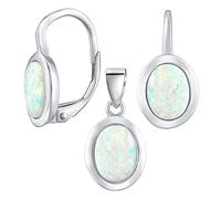 SILVEGO Damen Schmuck-Set aus 925 Sterling Silber Oval mit synthetischem weißem Opal Ohrringe und Anhänger