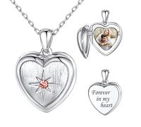 SILVERCUTE Frauen personalisiert Foto Halskette Geburtsstein Herz Anhänger zum Öffnen mit Rolokette 925 Silber Herz Medaillon Photo Bild Amulett Schmuck für Valentinstag Weihnachten