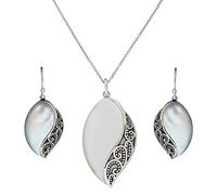 Silverly 925 Silber Filigran Marquise Perlmutt Schmuckset für Damen | Sterling Silber Ohrringe und Halskette mit Gebogenen Blättern im Vintage-Stil | Gothic Ethereal Art Nouveau Schmuck