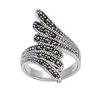 Silverly Markasit Breiter Feder-Wickelring in 925 Silber 1920er Vintage-Stil | Vogelflügelring aus Sterlingsilber für Damen | Jugendstilschmuck | Gotische Art-Deco-Statement-Ringe