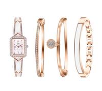 Silverora 4PCS Damenuhren Armkette Quadratische: Strass Zirkon Analog Quarz Uhren Damen Armbanduhren mit römischen Ziffern Armreif Geschenke für Frauen Mädchen Roségold