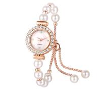 Silverora Damenuhren Perlen Strass Glitzer: Klein Analog Quarz Uhr Damen Glitzend Diamante Armbanduhren mit Verstallbar Künstliche Perlenarmband Geschenke für Frauen Mädchen Roségold