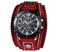 Silverora Herrenuhren Leder Steampunk Armbanduhren: Punk DREI Augen dekoratives Analoge Quarz Uhren Herren Breit Lange Mehrschichtig Echt Lederarmband Uhren Männer rot