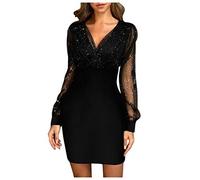 Silvester Kleid Damen, Frauen Kleider Pailletten Lange Ärmel Paillettenkleid Schlankes Kleid Glitzer Pailettenkleider für Damen Silvester Outfit Abendkleider,XL