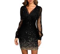 Silvester Kleid Damen, Frauen Kleider Pailletten Lange Ärmel Paillettenkleid Schlankes Kleid Glitzer Pailettenkleider für Damen Silvester Outfit Abendkleider,XL