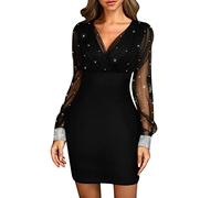 Silvester Kleid Damen Frauen Kleider Pailletten Lange Ärmel Paillettenkleid Schlankes Kleid Glitzer Pailettenkleider für Damen Silvester Outfit Abendkleider,L