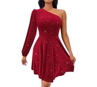 Silvester Kleid Damen Glitzer Kurz One Shoulder Abendkleid Damen Langarm Samt Cocktailkleid Damen A Linie Schwingen Abendkleider Elegant Für Hochzeit Festliche Kleider Frauen Kurze Partykleid