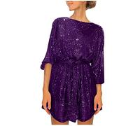 Silvester Kleid Damen Strickkleid Weihnachten BH Für Rückenfreies Pailletten Laternenärmel Kurz mit Gürtel Hohe Taille Rundhals Minikleid Elegant A-Linie(Lila,M)