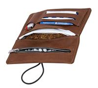 Simaru Personalisierte Tabaktasche mit Gravur aus Leder für 30g Tabakbeutel, Echtleder Dreher-Tasche inkl. Filterfach und Plättchen-Halter (Dunkelgrau) (Hellbrau-Gravur)