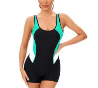 SimidunEUR Boyleg Badeanzug Damen Sport Push Up Bauchweg Schwimmanzug mit Bein und Cups Body Shaping Bademode für Schwimmtraining，Schwarz Grün 1，S