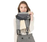 Simoda Damen Schal Kariert übergroßer Deckenschal Winter Karo Tartan Stola Mit Quasten Streifen Plaid Schal Fransen Poncho (Schwarz-beige)