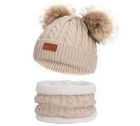 Simoda Mädchen Jungen Winter Gestrickte Beanie Mütze mit Zwei Bommel Winter Warm Strickmütze Circle Schal Set