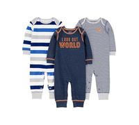 Simple Joys by Carter's Baby-Jungen 3-Pack Jumpsuits Spieler, Grau Meliert Rugby-Streifen/Marineblau Textaufdruck/Weiß Streifen, 0 Monate (3er Pack)