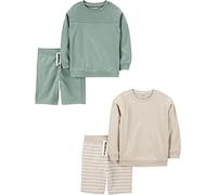Simple Joys by Carter's Baby-Jungen 4-Piece French Terry Long-Sleeve Shirts and Shorts Playwear-Sets, Beige Streifen/Flaschengrün, 4-5 Jahre (4er Pack)