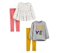 Simple Joys by Carter's Baby-Mädchen 4-Piece Long-Sleeve Shirts and Pants Playwear Set Hosenset, Gelb Punkte/Grau Love/Rosa/Weiß Floral, 12 Monate