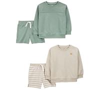 Simple Joys by Carter's Jungen 4-Piece French Terry Long-Sleeve Shirts and Shorts Playwear Set Spielbekleidungssets, Beige Streifen/Flaschengrün, 12 Monate (4er Pack)