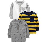 Simple Joys by Carter's Jungen Long-Sleeve Shirts, Pack of 3 Hemd, Gelb Streifen/Grau Dinosaurier/Weiß, 12 Monate (3er Pack)