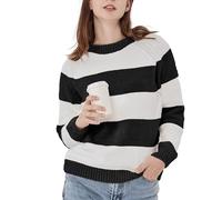 Simple&Opulence Gestreifter Chenille-Pullover mit Rundhalsausschnitt, Warmer Vintage-Pullover mit Langen Ärmeln, Pullover-Tops für Frauen, Schwarz/Weiß, M
