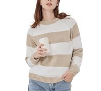 Simple&Opulence Gestreifter Chenille-Pullover mit Rundhalsausschnitt, Warmer Vintage-Pullover mit Langen Ärmeln, Pullover-Tops für Frauen, Khaki/Weiß, S