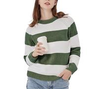 Simple&Opulence Gestreifter Chenille-Pullover mit Rundhalsausschnitt, Warmer Vintage-Pullover mit Langen Ärmeln, Pullover-Tops für Frauen, Olivgrün/Weiß, L
