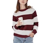 Simple&Opulence Gestreifter Chenille-Pullover mit Rundhalsausschnitt, Warmer Vintage-Pullover mit Langen Ärmeln, Pullover-Tops für Frauen, Burgund/Weiß, S