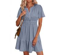 Simplee Sommerkleid für Damen, Denim-Kleid, lässig, kurzärmelig, Boho-Stil, Strand, fließend, gestuft, kurz, Jeanskleider mit Taschen, Denim, Himmelblau, Klein