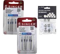 Singer-Set mit 2 Packungen Universal-Nähnadeln für Nähmaschine, zum Nähen von Jeansgewebe und Leder 2026 und 2032, System 130/705 H, auf einer Seite flach, H-J und H-LL + Kunststoffspulen