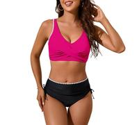 Singular-Point Bikini Damen hohe Taille, Damen Bikini Set mit Kontrastpaspeln Triangel Brazilian Bikini Bademode Zweiteiliger Badeanzug,C Hot Pink,M