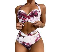 Singular-Point Bikini Hose hohe Taille Damen, Damen Bikini Set Push Up Bademode Badeanzüge Strand Ties Zweiteiliger Sexy V Ausschnitt Swimsuit Mid-High Waisted Bikinihose,Pink,L