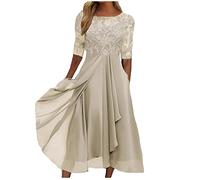 Singular-Point Kleid Abendkleider Elegant für Hochzeit Rundhals Cocktailkleid Damen Midi Cocktailkleid FüR Mollige Frauen 4-Beige,L