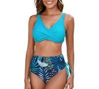 Singular-Point Push up Bikini Damen Set, Damen Bikini Set Push Up Bademode Badeanzüge Strand Ties Zweiteiliger Sexy V Ausschnitt Swimsuit Mid-High Waisted Bikinihose,B Turquoise,3XL
