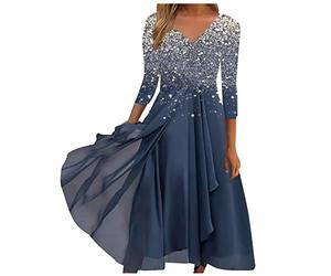 Singular-Point Sommer Damen Kleider Knielang Sommerkleid Einfarbig Cocktailkleid Sexy V-Ausschnitt Partykleid mit Spizen Abendkleid Festliche Kleider Zur Hochzeit Navy-3,M