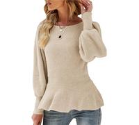 SINLEX Damen-Pullover mit Puffärmeln, Schößchen, lässige Slim-Fit-Strickpullover for den Herbst(Beige,S)