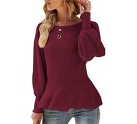 SINLEX Damen-Pullover mit Puffärmeln, Schößchen, lässige Slim-Fit-Strickpullover for den Herbst(Red,S)