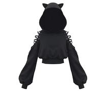 SIPEIEN Frauen Katze Ohren Hoodie Gothic Langarm Sweatshirt Niedlich Hollow Out Tops Bluse Crop Top Pullover XL Schwarz