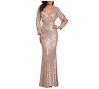 Sisifa Damen Abendkleid Langarm Paillette Kleid für Frauen Elegant Kleid Meerjungfrau Lange Ballkleid V-Ausschnitt Maxikleider Bodycon Kleid Glitzer Kleid Cocktailkleid, Gold, XL