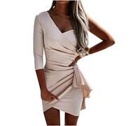 Sisifa Kleider Damen Geraffte One-Shoulder-Minikleid Kurzes Kleid Bodycon Party Kleider Sexy Langarm Cocktailkleid Hochzeit Wickelkleid