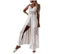 Sisifa Maxi Kleider Damen Sommer Aushöhlen Einfarbig Spitze Lang Kleid Boho Strandkleider Sommerkleid Tiefem V-Ausschnitt Flowy Swing Kleid, H-weiß, M