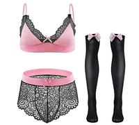 Sissy Dessous Männer Herren Sexy Crossdresser Unterwäsche Spitzen BH Top + String Tanga Slip Höschen + Socken Strümpfe 3tlg Kleidung Erotisch Reizwäsche Unterhose Nachthemden Negligee Schwarz Rosa L
